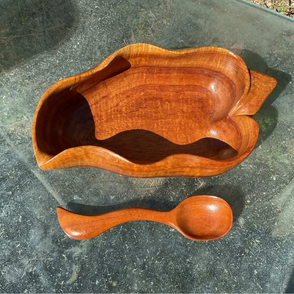 Handmade Hawaiian Wooden Bowl and Spoon Set, Signed - Picture 4 of 10